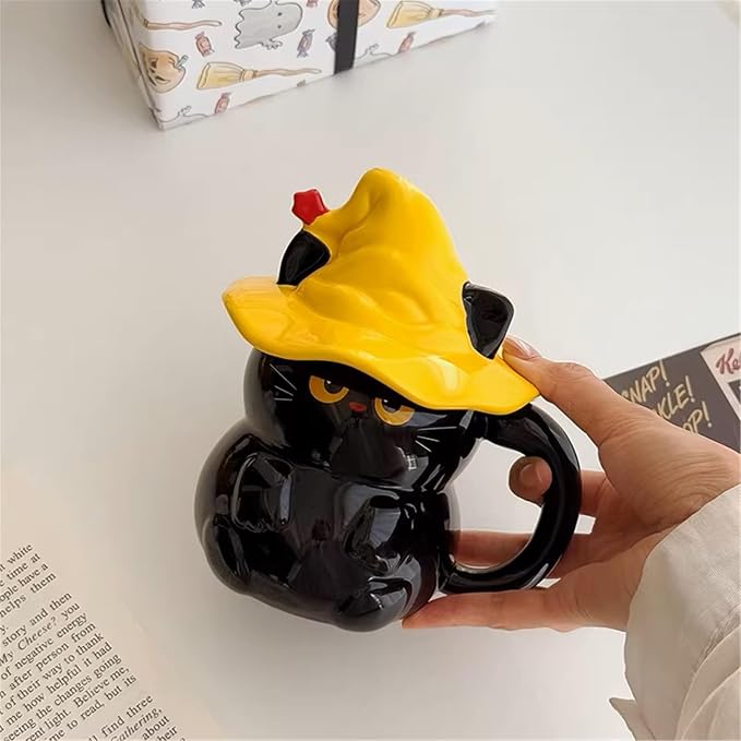Coffee Mug Cups Ceramic Tea Cup Cute 3D Bichon Frise Dog Shaped Handmade Pottery Cute Mugs Handle Office Home Hot Ice Chocolate Milk Mugs Gifts Microwave Dishwasher Safe 14 Oz Travel Mug (Black cat)
