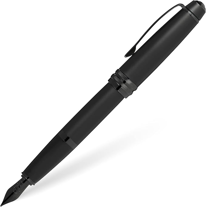 Cross Bailey Matte Black Lacquer Stainless Steel Medium Nib Fountain Pen - Professional Fountain Pen for Effortless Writing - Refillable - Black Ink - Gift-Ready