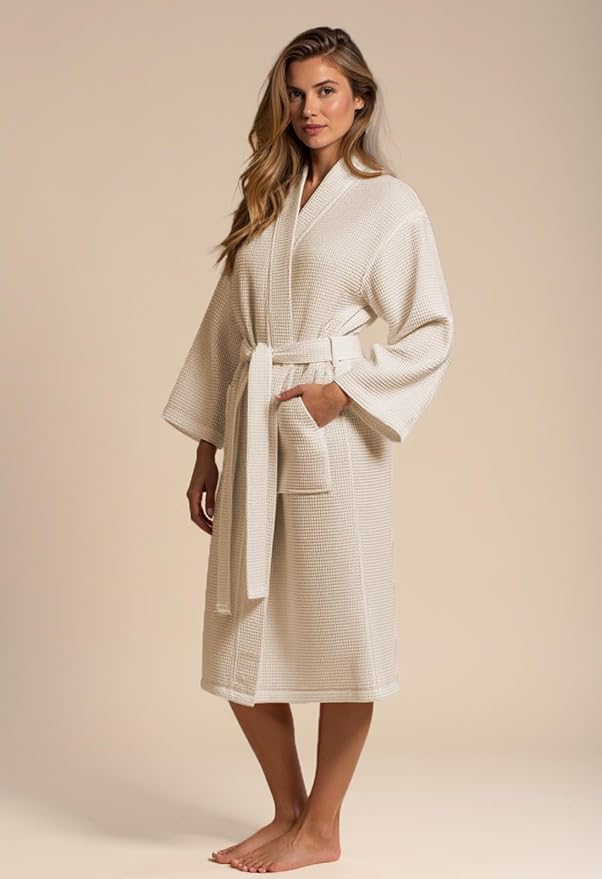 Turquaz Lightweight Waffle Knit Kimono Bathrobe - Soft Cotton Blend Spa Robe, Fast-Drying Full-Length Unisex Robes for Women