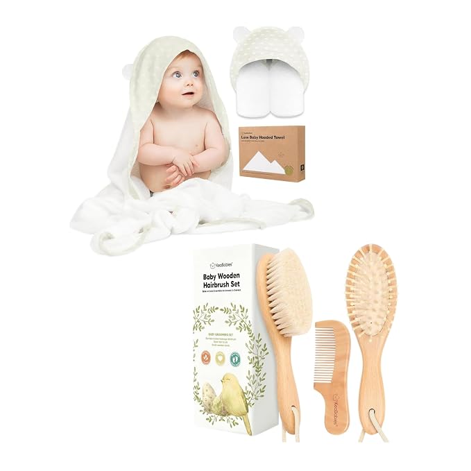 KeaBabies Baby Hooded Towel and Baby Hair Brush and Baby Comb Set - Baby Towel Wooden Baby Brush with Soft Goat Bristle