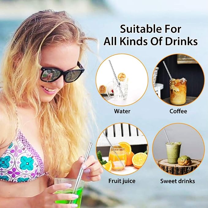 2 Set Collapsible Stainless Steel Drinking Straws, Portable Travel Telescopic Reusable Drinking Straw with Cleaning Brush for Drinking Coffee Milk Tea