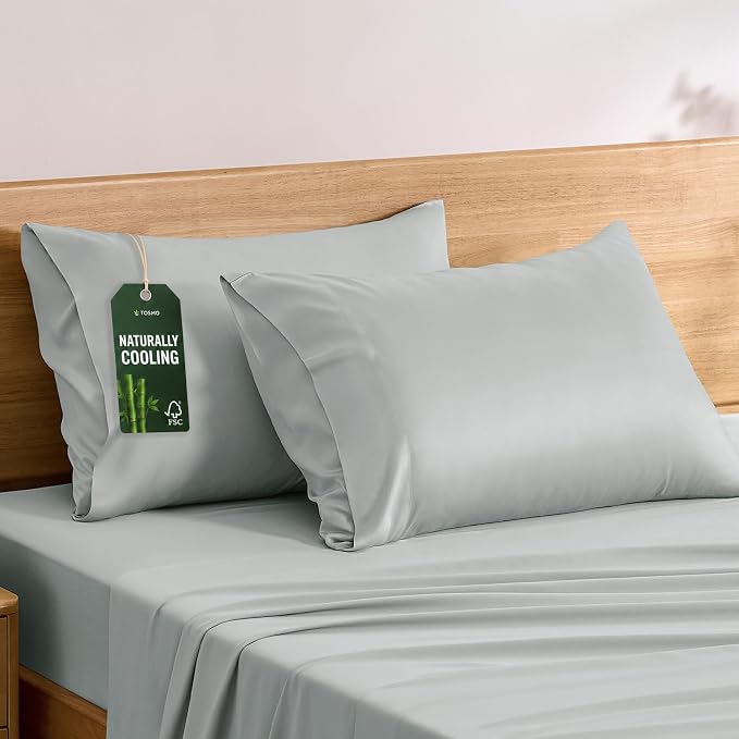 TOSMO Luxury Pillow Case Set of 2 - Cooling Viscose Derived from Bamboo, Oeko-TEX, Breathabl Silky Soft Pillow Cases with Envelope Closure (King / 20x36, Silver)