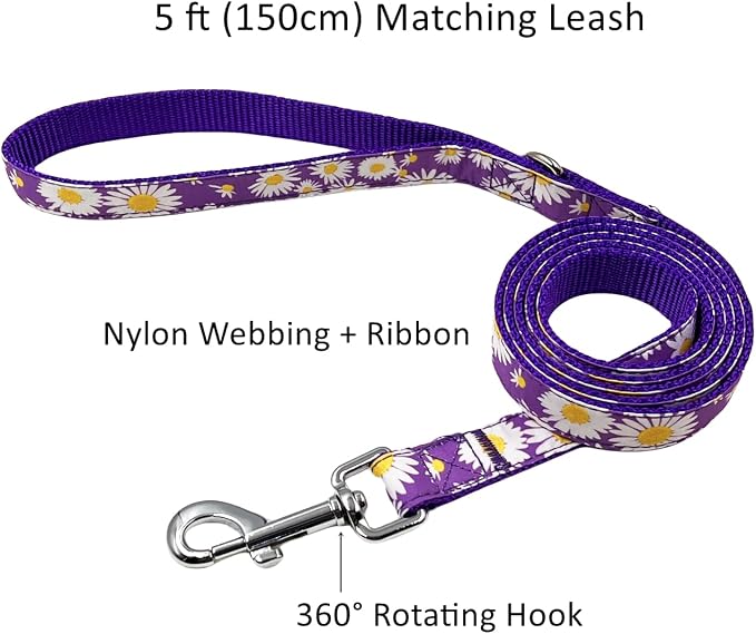 Dog Collar Leash Set, Floral Pattern, Nylon Webbing Plus Cotton Ribbon, 5ft Matching Leash, for Large Dogs.(L, Purple Daisy)