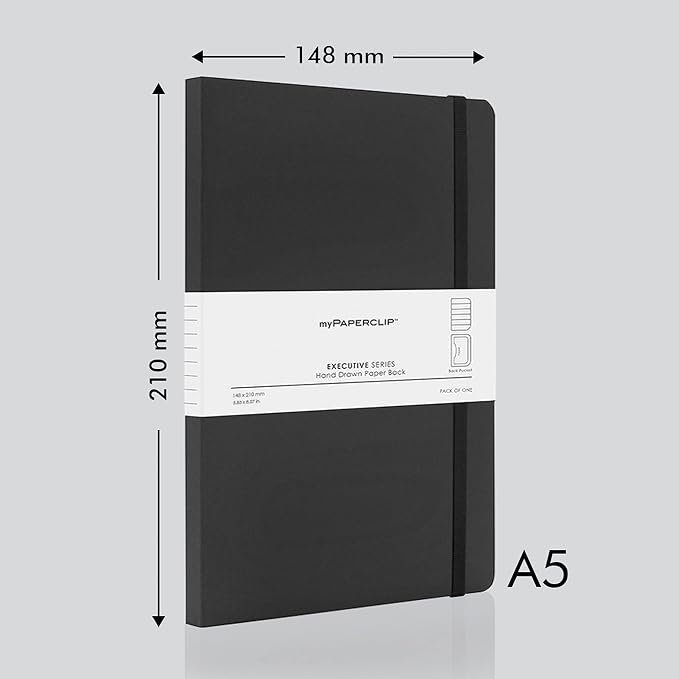 myPAPERCLIP Executive Series A5 Ruled Notebook | 192 Pages, 80 GSM, Soft Cover, A5 (5.83 x 8.27 in) | Flat Lay | Bookmark, Elastic Closure & Back Pocket | Black