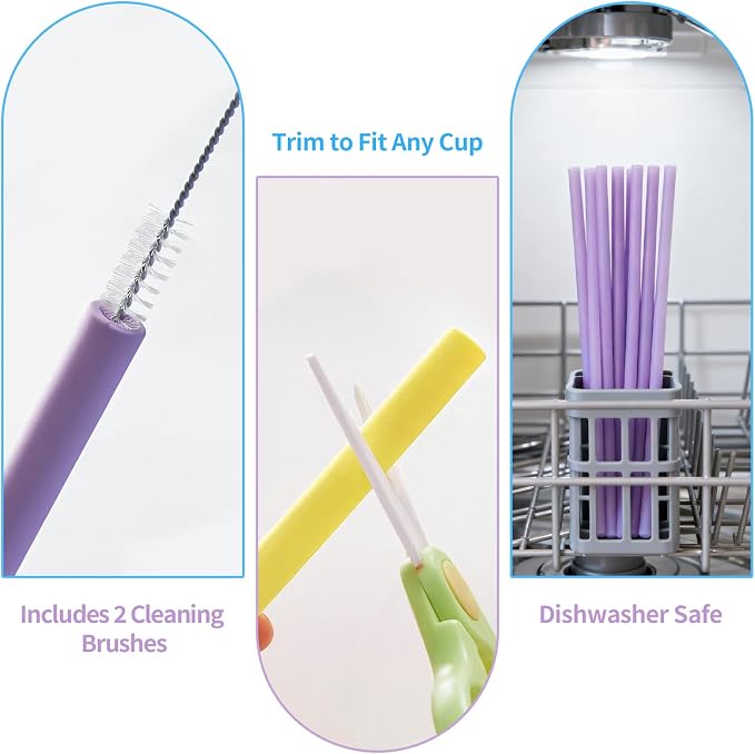 6 Pack Reusable Silicone Straws Compatible with Stanley 40oz 30oz 20oz Tumblers, 12.2" Long x 0.374" Diameter BPA-Free Drinking Straws with 2 Cleaning Brushes, Flexible Cuttable Teeth-Friendly