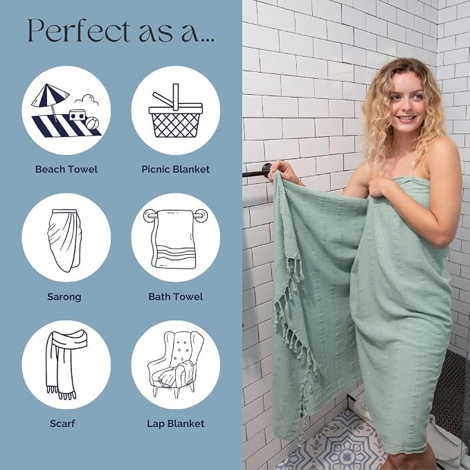 InfuseZen Stonewashed Turkish Cotton Bath and Beach Towel - Light Green | 100% Organic, Thin, Soft, Lightweight, Absorbent, Quick-Drying, Large Peshtemal, Sand-Resistant for Shower, Pool, Spa, Travel