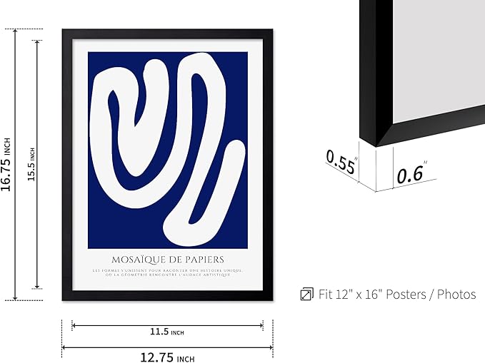Monem Art Organic Paper Cut Abstract Print - Modern Minimalist Shape Poster - Wall Decor for Living Room, Bedroom or Office - 12x16 Black Framed Wall Art by Rs Lab Studio