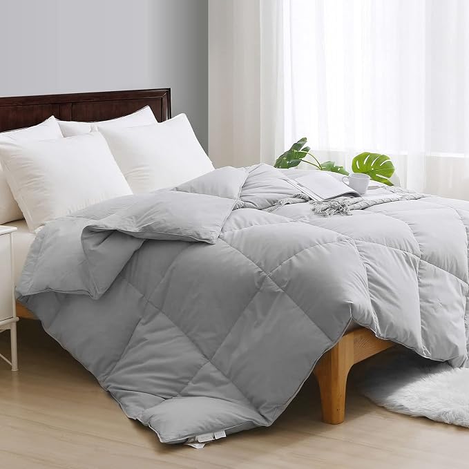 APSMILE Gray Feather Down Comforter California King, Organic All-Seasons Duvet Insert, 100% Cotton Quilted Medium Warm Bed Comforter (104x96, Cloud Grey)