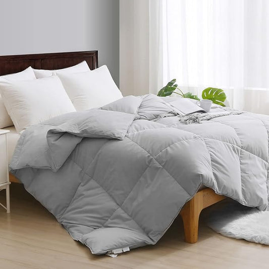 APSMILE Gray Feather Down Comforter California King, Organic All-Seasons Duvet Insert, 100% Cotton Quilted Medium Warm Bed Comforter (104x96, Cloud Grey)