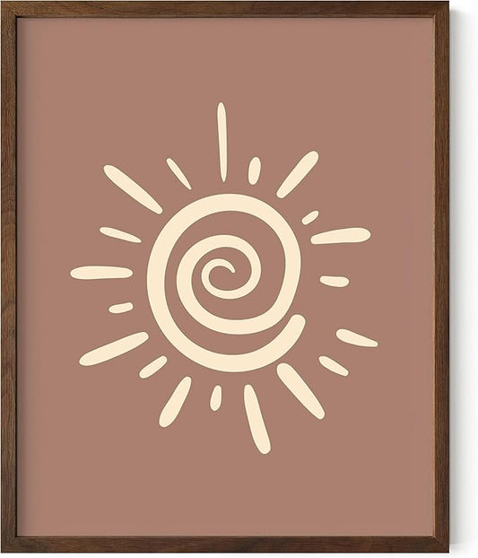Abstract Spiral Sun Wall Art Swirl Sunburst Print Earth Tones Terracotta Tan Mid Century Modern 8x10 Inch Oak Wood Walnut Framed Tribal Boho Decor for Living Room