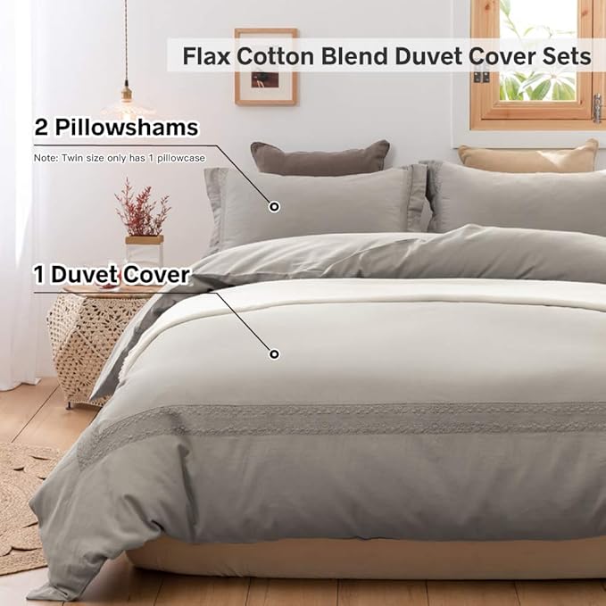 BISELINA Linen Duvet Cover Set 3pcs French Vintage Crocheted Lace Flax Cotton Blend Solid Color Shabby Chic Boho Luxury Farmhouse Bedding (Queen, Lace Grey)
