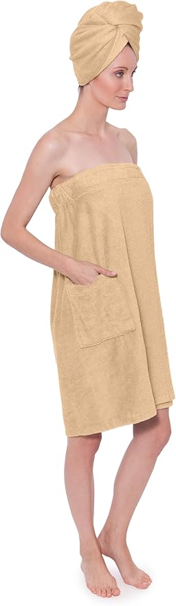 TexereSilk Women's Towel Wrap - Rayon Spa Wrap Set (Large/X-Large, Almond Buff)