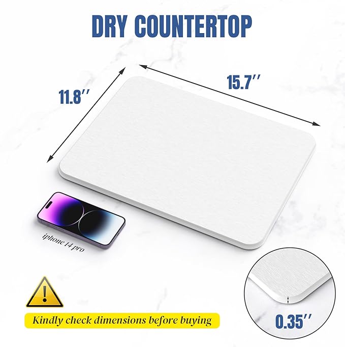 Quick Dry Stone Drying Mat for Kitchen Counter, Water-Absorbent Diatomaceous Dish Drying Mats, Multi-Purpose Stone Drying Tray for Cups Dishes Bottles, Carrara White