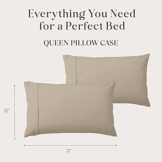 Delilah Home 100% Organic Cotton Queen Pillow Case, GOTS & Vegan.org Verified, Long Stem 300 TC Sateen Bedding, Non-Synthetic, Deep Pocket Fitted Linen, Lightweight, All-Season, 2 Pieces Set - Beige
