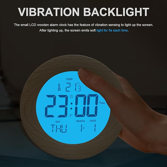 JoFomp Wooden Alarm Clock for Bedroom, 4'' LCD Nightlight Small Digital Clock Battery Operated, Loud Alarm Clock for Heavy Sleepers, Alarm Bedside Clock with Temp/Snooze/Date/Week/Countdown - 12/24H