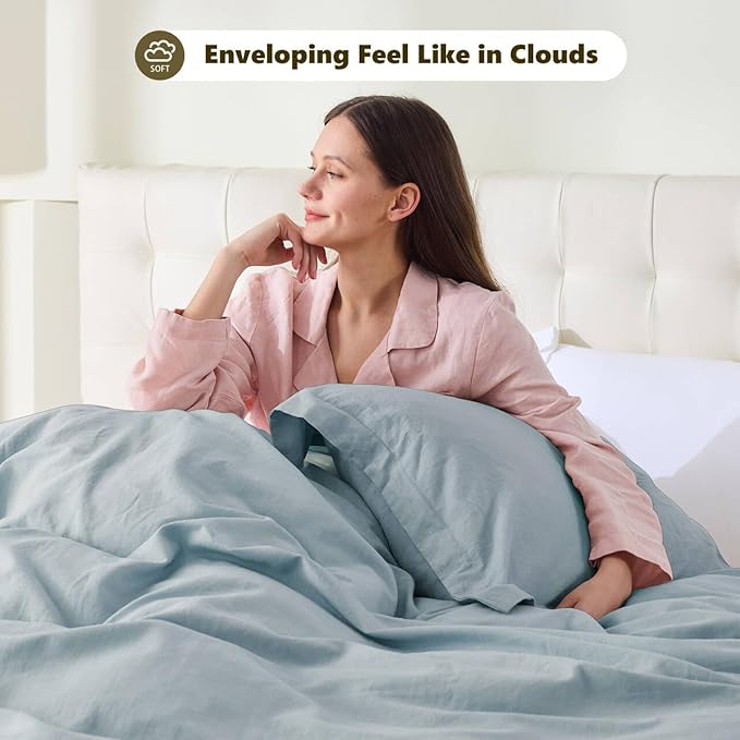 FALUCA French Linen Blend Duvet Cover Set 3Pcs Queen (88"x92") - Soft, Breathable, Cooling Farmhouse Bedding for Hot Sleeper (Queen, Cornflower Blue/Dusty Blue/Solid Sky Blue)