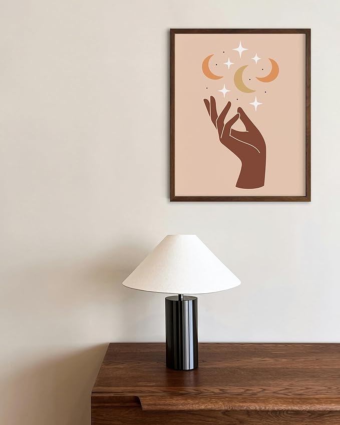Mystical Hand Wall Art Celestial Moon and Stars Print Earth Tones Terracotta Mid Century Modern 8x10 Inch Oak Wood Walnut Framed Spiritual Decor for Bedroom