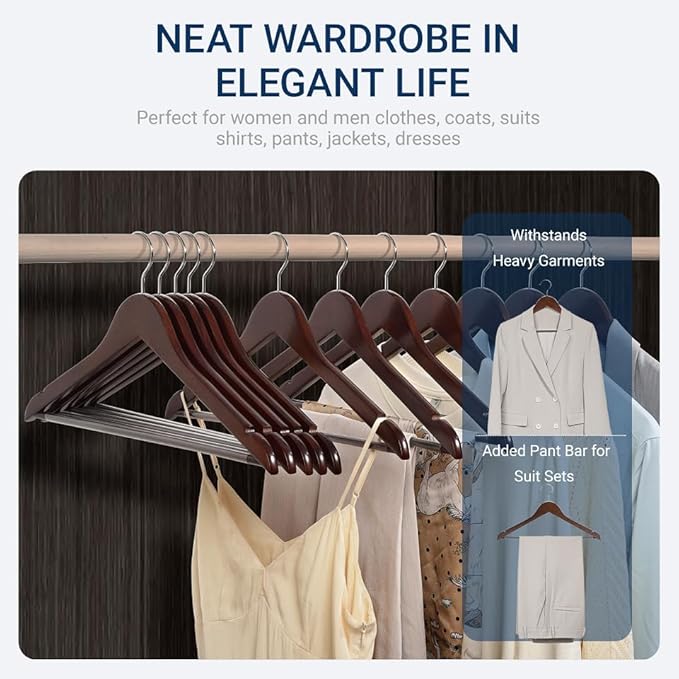 Amber Home 20 Pack Walnut Wooden Coat Hangers, Vintage Wood Suit Hangers with Non-Slip Pant Bar, Clothes Hangers for Closet Organization, Shirts, Jackets, Dresses, and Pants (Retro, 20)