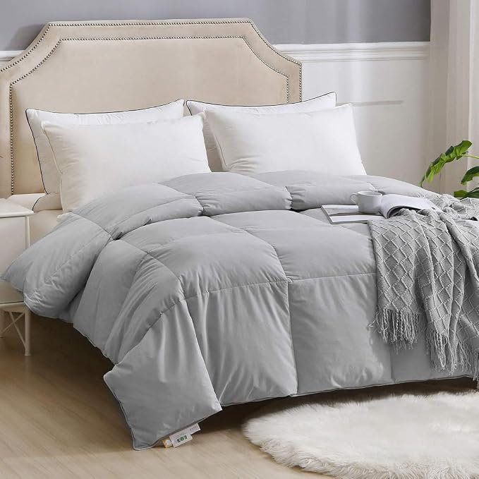 APSMILE Gray Feather Down Comforter California King, Organic All-Seasons Duvet Insert, 100% Cotton Quilted Medium Warm Bed Comforter (104x96, Cloud Grey)