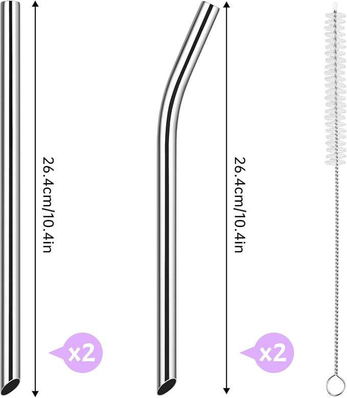 NiHome 4-Pack Stainless Steel Straws for Boba, Smoothie, 10.4” Metal Straws | 0.4'' Wide Metal Reusable Straws, 2 Bent & 2 Straight Long Drinking Straw for Bubble Tea, Milkshake Juice, 1 Brush, Silver