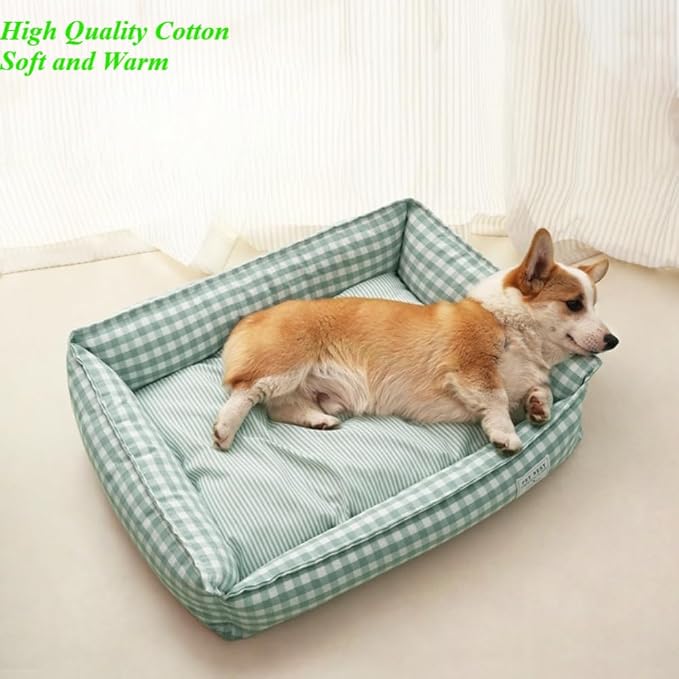 Orthopedic Rectangle Dog Bed for Medium Small Dogs, Plaid Plush Modern Puppy Sofa Bed with Anti-Slip Bottom, Cute Calming Pet Bed(Red,Large)