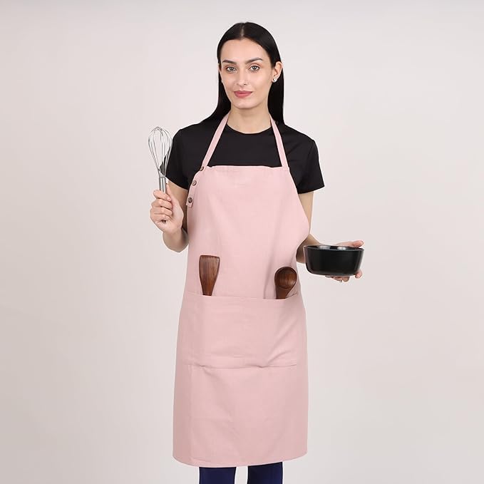 Kitchen Apron 2 Pack Waterdrop Resistant Cotton Apron for with adjustable Aprons for Women with Pockets 9 Color option Cooking Powder Pink Apron (BLUSH PINK)