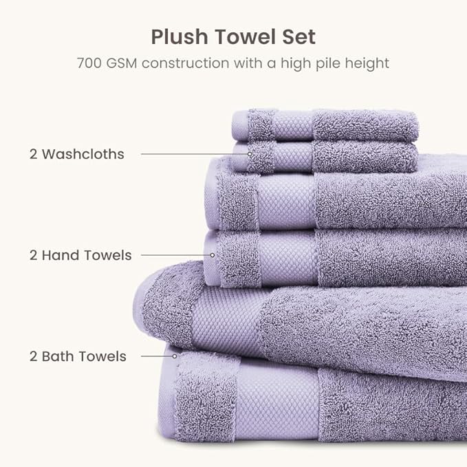 BIOWEAVES 100% Organic Cotton Bath Towel Set | 700 GSM Plush 6-Piece Premium Towel Set GOTS Certified, 2 Bath Towels, 2 Hand Towels & 2 Washcloths - Lavender