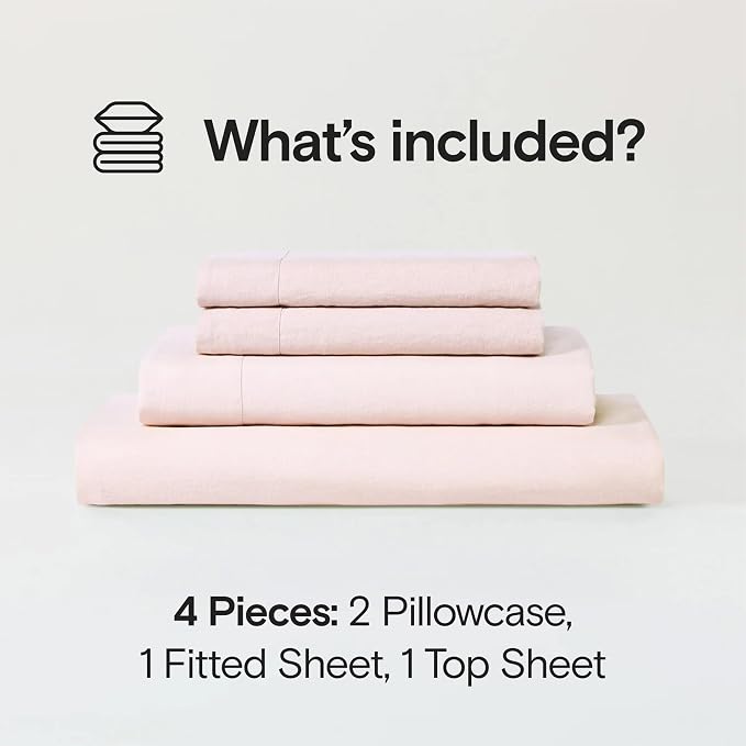 Sijo Stone Washed Organic French Linen Bed Sheet Set, GOTS Certified Organic, Best Cooling Linen Sheet Award by Sleep Foundation, 4 Piece - 2 Pillowcases, 1 Fitted and 1 Flat (Blush, Queen)