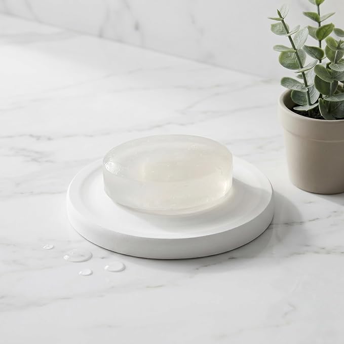 3pcs Diatomite Stone Round Soap Dish & Tray - 4'' Water Absorbing Soap Holder for Bathroom Kitchen Sink, Quick Dry Sponge Holder, White