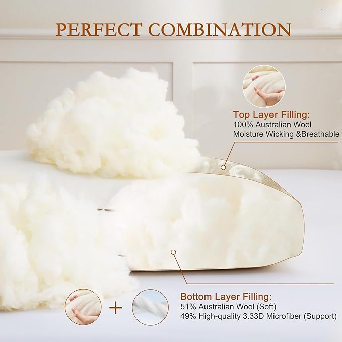 YOUR MOON Natural Wool Pillow Twin Size, Soft Support Bed Pillows for Sleeping, Premium Australian Wool Filling with 100% Cotton Cover, Down Alternative Pillow (Off White)