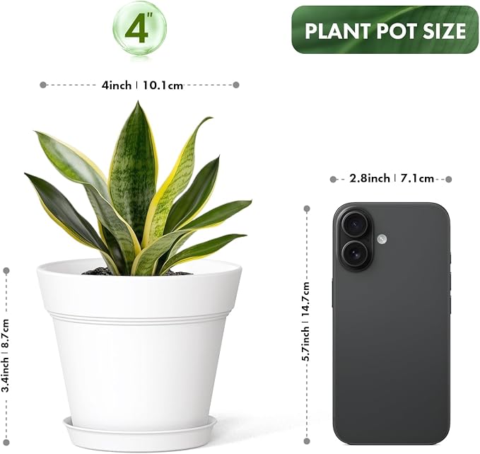 WSMKSZ 4 Inch Plastic Plant Pots with Drainage Holes and Trays – 8 Pack Small Nursery Pots for Indoor & Outdoor House Plants and Flowers, Seedling Starter Planters, White