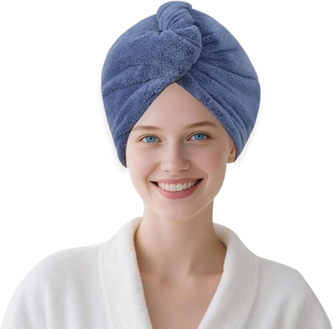 1 Pack Single Layer Dark Blue Microfiber Hair Drying Towel Wrap for Women, Hair Turbans Towel for Wet Hair,Turbie Twist Hair Towels (Dark Blue Color - Single Layer)