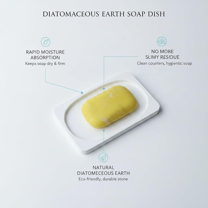 Diatomaceous Earth Stone Soap Dish, Bathroom Tray for Bar Soap, White