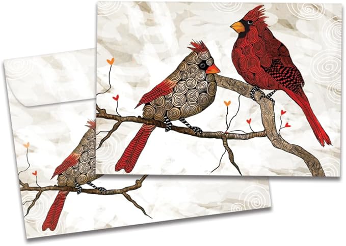 Tree-Free Greetings Cardinals Flitting Holiday Cards - 10 Recycled 5x7 Cards & Matching Envelopes, Thick Cardstock, Sustainably Made in USA - Vibrantly Artful Birds