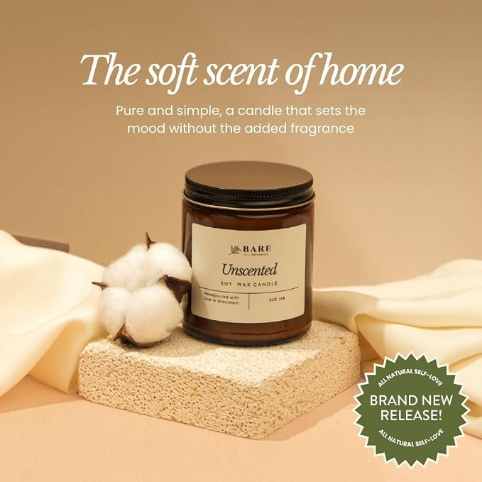 Bare Botanics 9oz Non Toxic Soy Candle Unscented - 40+ Hour Burn | 100% Plant-Based Fragrance Oils | Handpoured in Wisconsin | Clean-Burning Soy Wax