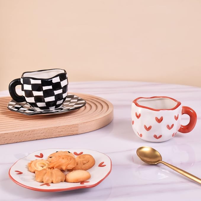 Koythin Ceramic Coffee Mug with Saucer Set, Cute Creative Cup Unique Irregular Design for Office and Home, Dishwasher and Microwave Safe, 10 oz/300 ml for Latte Tea Milk (Red Heart)