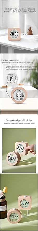 Nordic Style Solid Wood Alarm Clock - Minimalist Wooden Clock with LCD Display, Temperature & Date, Handmade, Rechargeable, Bedside Desk Decor for Home Office (Square)
