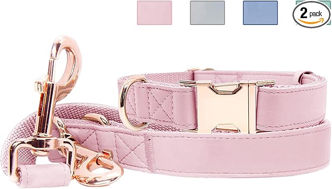 Soft Leather Dog Collar and Leash (6.6') Set - Stylish Rose Gold Heavy Duty Metal Buckle, 4 Adjustable Lengths Leash for Small Medium Large Dogs - Comfortable & Easy to Clean Pink L(15.4"-24.8")