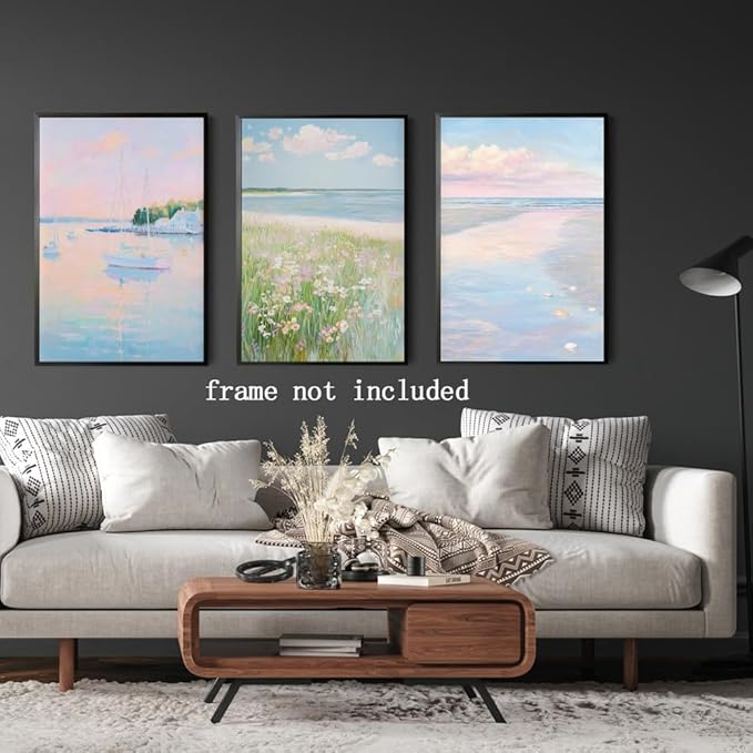 HUYKON Coastal Pink Wall Art Set of 3 Maximalist Ocean & Beach Landscape Canvas Poster Trendy Sailboats Flowers Sunset Painting Pastel Picture Prints for Bedroom Home Decor 12x18inch Unframed