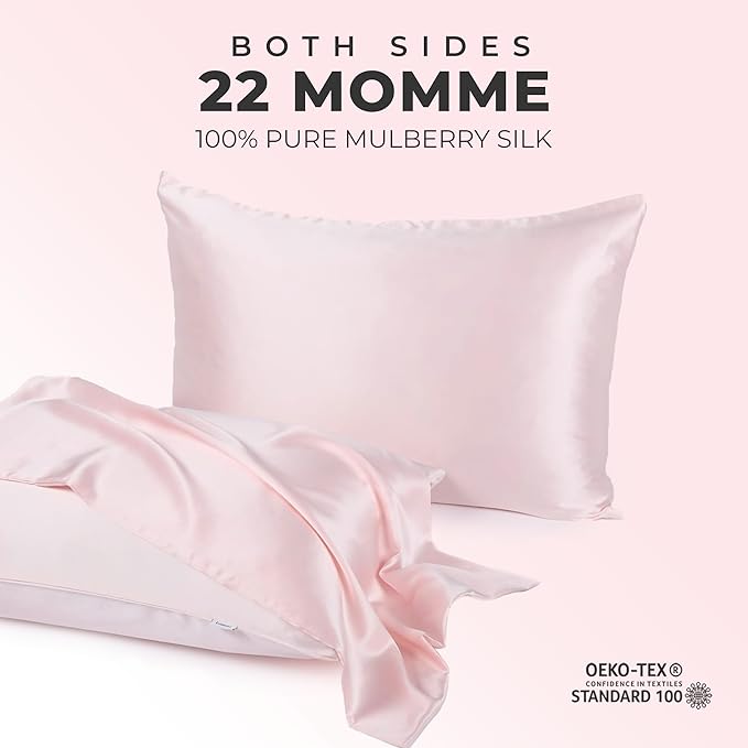 100% Pure Mulberry Silk Pillowcase for Hair and Skin, 6A Grade 22 Momme Silk Pillow Cases with Zipper, Soft Cooling Washable Both Sided Silk Pillow Cover (Pink, King 20''x36’’)