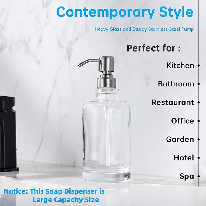 Glass Soap Dispenser Clear with Brushed Nickel Pump, 16.9 OZ Liquid Soap Dispenser Cylindrical with Stainless Steel Pump for Dish Hand Soap Bathroom Kitchen Vanity Countertop