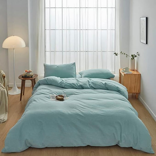 FACE TWO FACE Bedding Duvet Cover Set100% Washed Cotton Duvet Cover Linen Like Textured Breathable Durable Soft Comfy (California King, Dusty Blue)