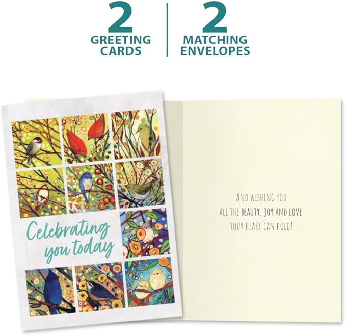 Tree-Free Greetings - Birthday Cards - Artful Designs - 2 Cards + Matching Envelopes - Made in USA - 100% Recycled Paper - 5 x 7 - Bird Celebration (GT61549)