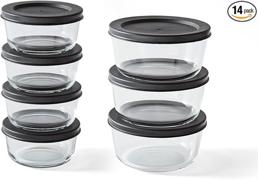 14-Piece Glass Food Storage Containers Set (7 Containers + 7 BPA-Free Lids) | 1-Cup & 2-Cup, Leakproof | Microwave, Freezer, Oven & Dishwasher Safe | Ideal for Meal Prep & Pantry Organization, Black