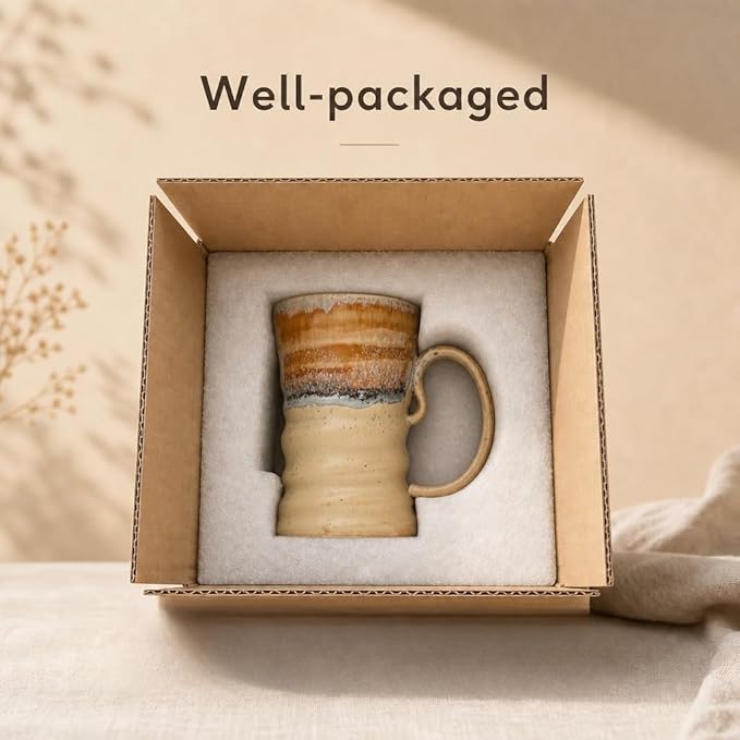17oz Large Unique Cool Tall Handmade Ceramic Coffee Mug with Comfortable Big handle, Big Pottery Tea Mug, Artisanal Stoneware Coffee cup, Rustic Lead-free Tea Cups, Microwave safe,Biege and Brown