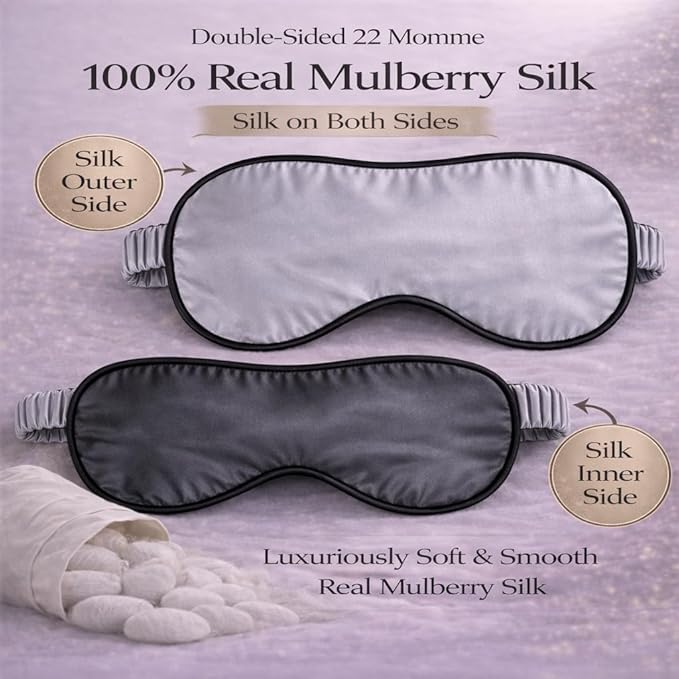 100% Mulberry Silk Sleep Mask for Women/Men Airplane Travel, Pure 22 Momme Silk Eye Mask Blackout for Sleeping, Ajustable, Luxury, Anti Wrinkle, Anti Aging Silk Blindfold, Made in USA (Silver Gray)