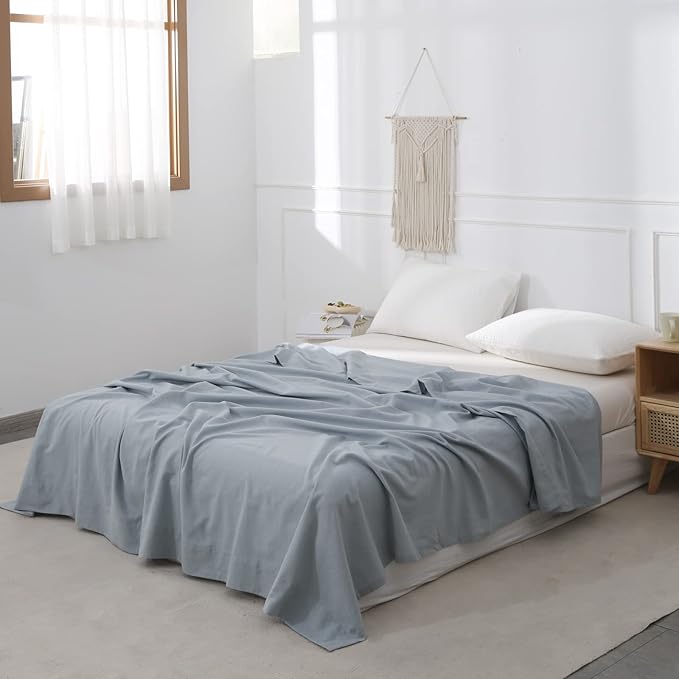 BISELINA Linen Sheet French Flax Flat Sheet Only 55% Euro Linen 45% Cotton Basic Style Solid Color Soft Breathable Farmhouse Top Sheet 1-Piece (Queen, Dusty Blue)