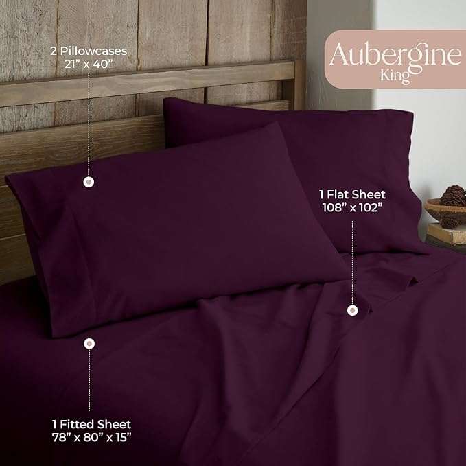 100% Organic Flannel Sheets King Size - GOTS Certified 100% Cotton Flannel Sheets Set with Comfortable Soft Brushed Finish & Deep Pocket - 1 Flat 1 Fitted & 2 Pillowcases (Aubergine, King)