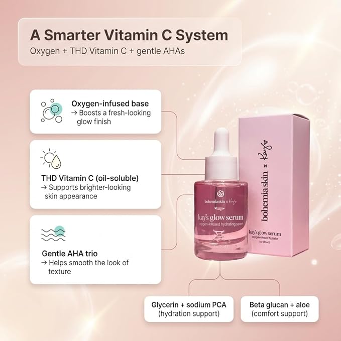 Kay's Glow Vitamin C Serum for Face with Illuminating Oxygen & THD, Brightening AHA Dark Spot Remover & Anti-Aging Serum, Hydrating Primer for Smooth Makeup, 1 fl oz