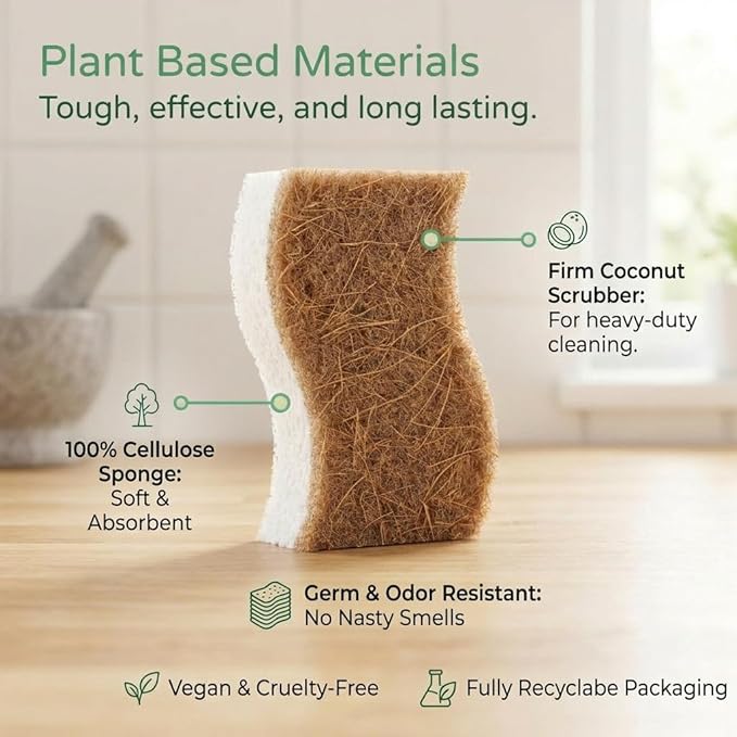 12 Pack Natural Kitchen Sponges, Compostable White Cellulose & Organic Coconut Scrubber Sponge for Washing Dishes, Kind Eco Friendly Non Toxic & Biodegradable Dishwashing Sponges